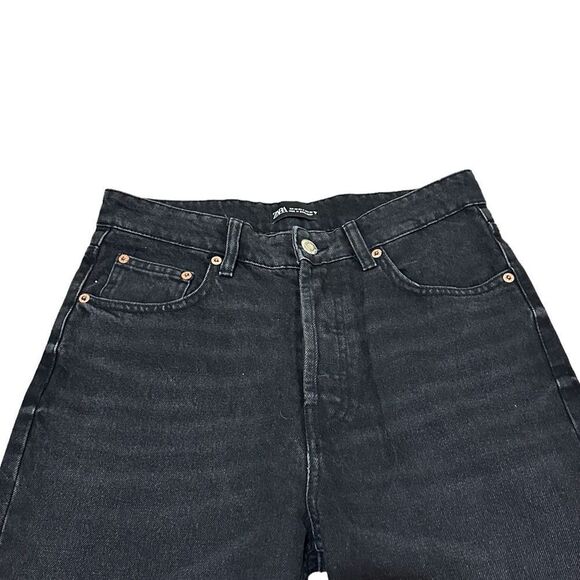 Zara Black Wide Leg Raw Hem High Waisted Button Fly Denim Mom Jeans - Picture 5 of 7